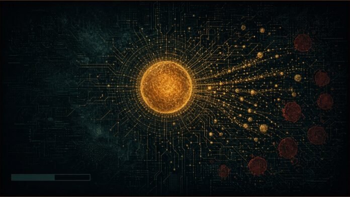 Illustration of immune cells leaving a lymph node to hunt cancer cells