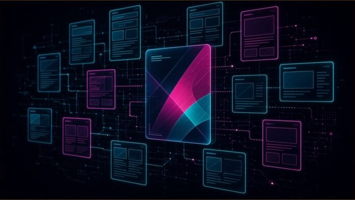 Illustration of a grid of glowing wireframe page layouts around a central card filled with an abstract magenta and teal composition