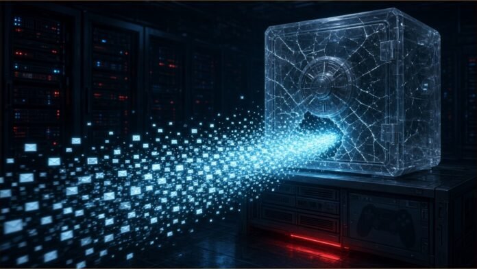 Capcom ID Breach Hit 11.77m Email Records | TSN Illustration of a stream of small glowing envelope shapes pouring out of a cracked glass vault in a dark server room