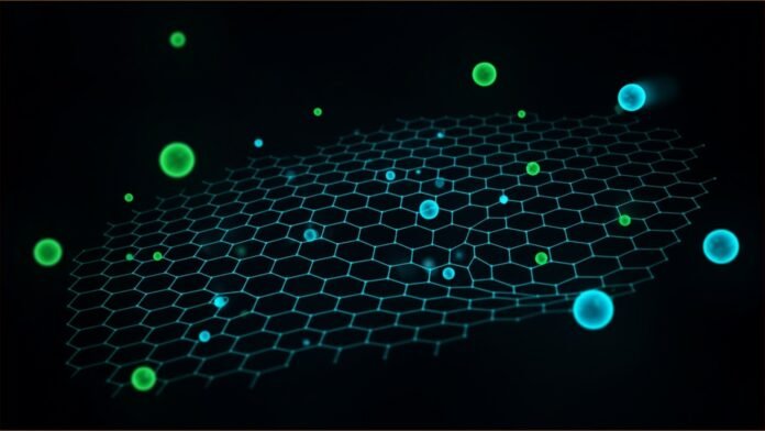 Illustration of an ultra-thin glowing hexagonal lattice sheet with small bright spheres passing through its pores