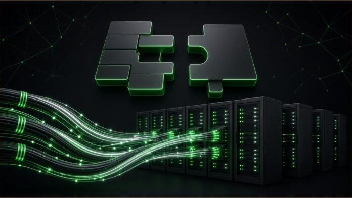 CBRE to Buy Onnec for £460m in Data-Centre Push | TSN Illustration of glowing fibre cables running into server racks below two block shapes joining.