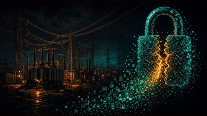 CenterPoint Energy Breach Affected 1 Million Texans Circuitry power pylon with small glowing ID card shapes leaking from a cracked junction