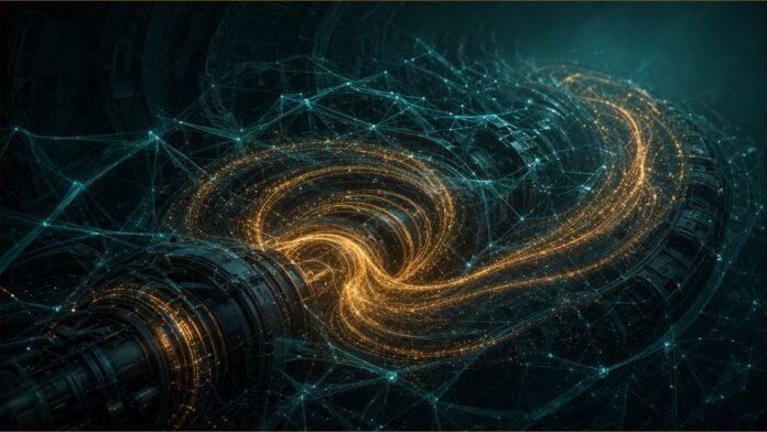 Amber particle trails swirling through an accelerator tunnel laced with a teal network.