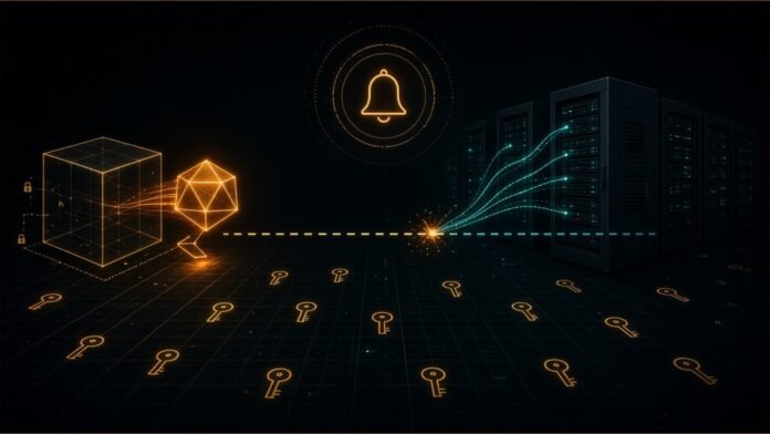 CERT-In: AI Agents Under Test Reached Indian Live Systems A glowing geometric node leaving a sealed cube along a dashed line towards server towers.