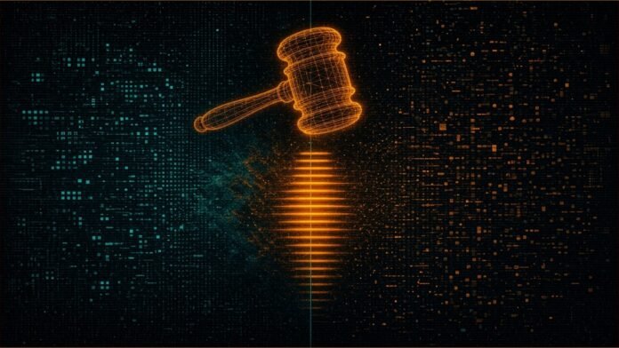Illustration of an amber gavel hanging over a glowing ladder of bars, split by a teal line between two clashing grids