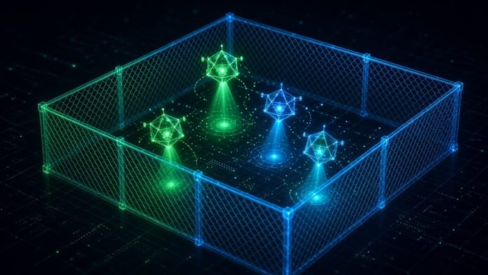 Sealed glass cubes each holding a glowing agent node, keys outside, a seal of light heading to a merge gate