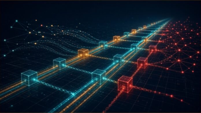 Illustration of glowing parallel rails linked by chains of translucent cubes, joining two networks of nodes on a dark grid