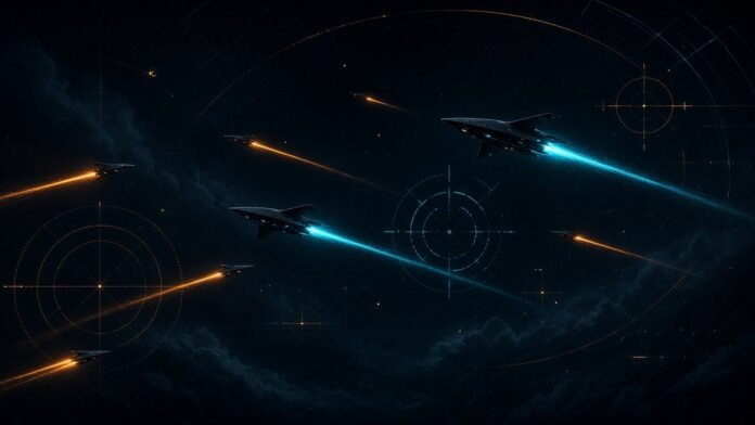 CHAOS Industries Unveils VESPID Low-Cost Drone Interceptors Interceptor drones streaking across a night sky with targeting reticles