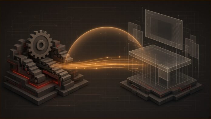Illustration of a glowing bridge of light carrying small nodes between a stylised factory platform and a translucent office platform