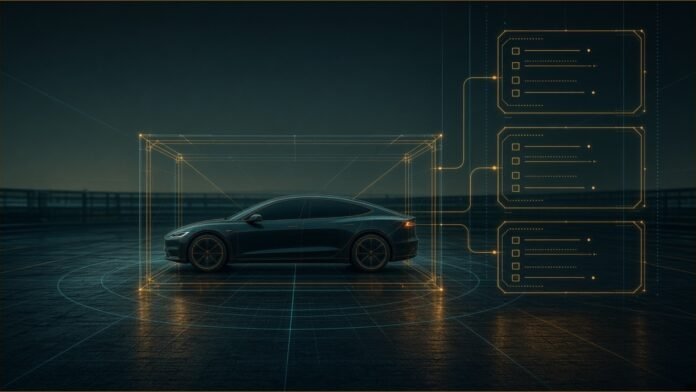 A generic electric car inside a glowing wireframe inspection frame beside blank checklist panels.