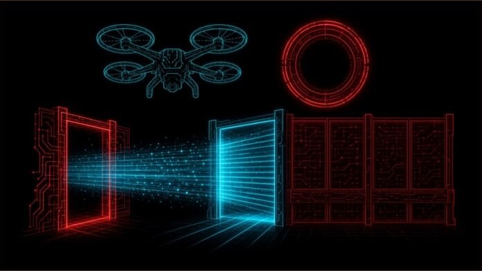 Illustration of a drone above a checkpoint with one gate open and one barrier closed.