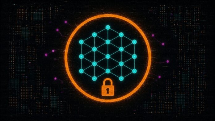 China Calls for a National Blockchain Network: What It Says Symbol-only illustration of a neat lattice of cyan nodes inside a large orange gate ring with a padlock in its opening, while a few magenta nodes drift unconnected outside it, on a dark circuit grid.
