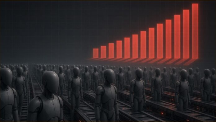 Illustration of rows of identical humanoid robots on a factory line beneath a glowing rising bar chart.