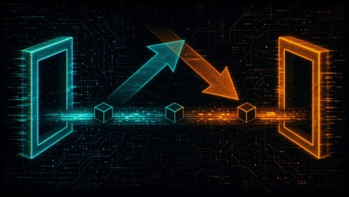 China Says EU Hybrid Car Deal Allows Growth on 2025 Symbol-only illustration of a cyan gateway and an orange gateway joined by a glowing lane carrying small cubes, with a rising cyan arrow and a falling orange arrow crossing above.