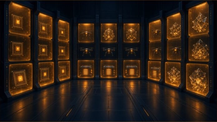 China Proposes Export Curbs on 40 AI, Biotech Technologies Glowing technology modules sealed behind amber glass panels in a dark hall.