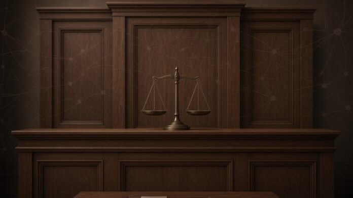Formal courtroom bench with scales and soft neural-net wood grain