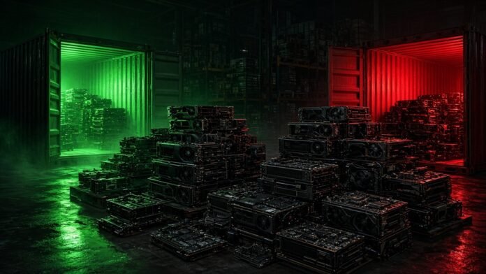 Chinese Firms Bought 1mn+ Nvidia Gaming Chips, FT Reports Stack of graphics cards with a red trade-route line arcing across a world grid