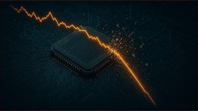 Chip-Stock Perps See $51.6m Liquidated in 10 Minutes | TSN A microchip on a circuit board with a falling amber price line breaking across it.