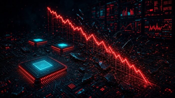 Chip Stocks Slide as SK Hynix, Samsung Fall After CXMT Claim Memory chips under a plunging red neon line chart