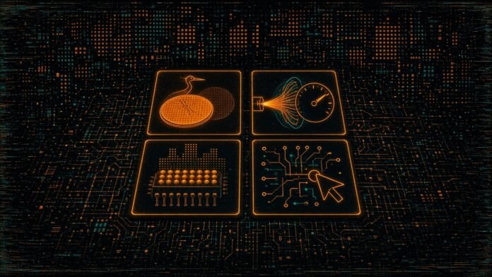 Four amber tiles: a wafer under a crane with a dotted second wafer, a laser into a fibre coil beside a full gauge, solder bumps under a dotted building, and a circuit being drawn by a cursor.