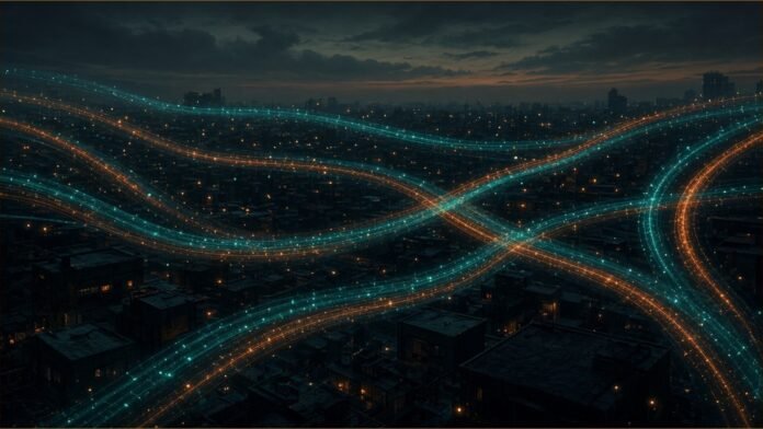 Illustration of interweaving teal and orange light corridors carrying small points of light above dark rooftops at dusk