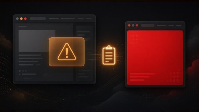 Illustration of a browser window with an amber warning card beside a second window showing a solid red warning panel.