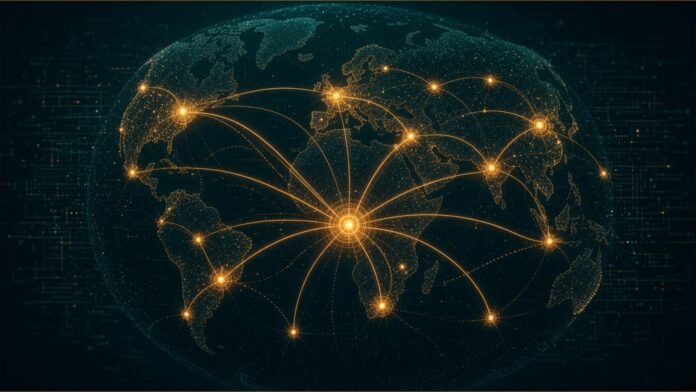 Circle Plans Push Into 40 Emerging Markets: Reuters | TSN A dark globe with amber payment routes spreading to many regional nodes.