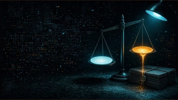 Circle Shareholder Sues Trump Over UAE Crypto Deals | TSN Illustration of a balance scale with two glowing discs, one pouring light onto a sealed bundle of papers under a desk lamp
