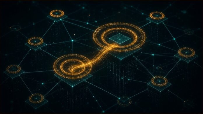 Linked amber rings of value flowing between nodes in a dark network.