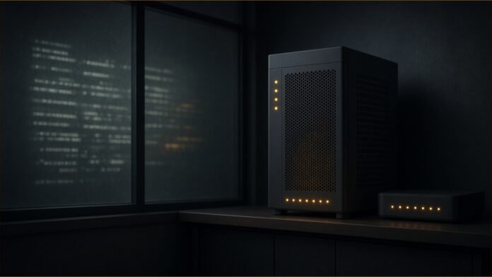 Illustration of a home media server and router with amber status lights in a dim room