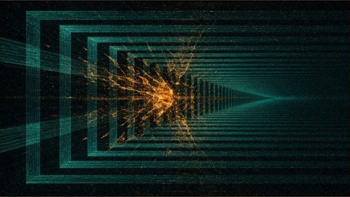 Illustration of a teal tunnel of light frames with one frame shattering into amber fragments.