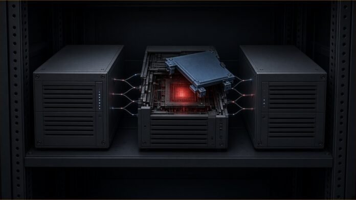 Illustration of three linked network appliances in a dark rack, the middle one opened to show a glowing red core being covered by a protective plate