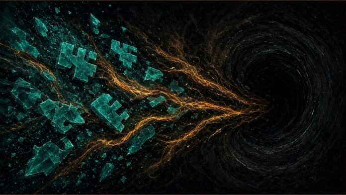 Illustration of teal shards of light pulled along amber tendrils into a dark void.