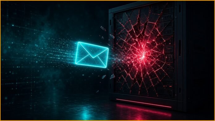 Glowing envelope passing through a gateway arch of light, a hidden red shard splitting the arch lock