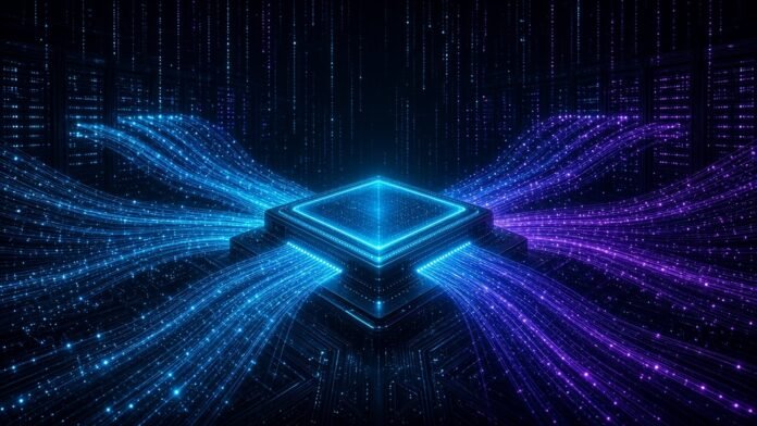 Glowing network switch chip with light paths fanning out to server racks