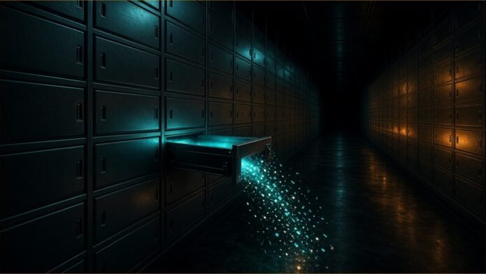 Citizens Bank Breach Exposed Social Security Numbers | TSN Illustration of a dark vault corridor of deposit-box drawers, one open and spilling fragments of light.