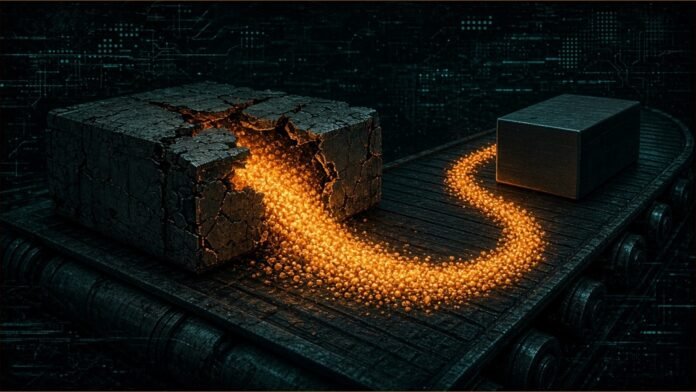 Illustration of a worn battery block on a conveyor breaking into glowing granules that flow towards a new block