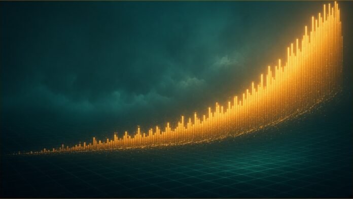 A rising curve of glowing amber bars over a dark grid.