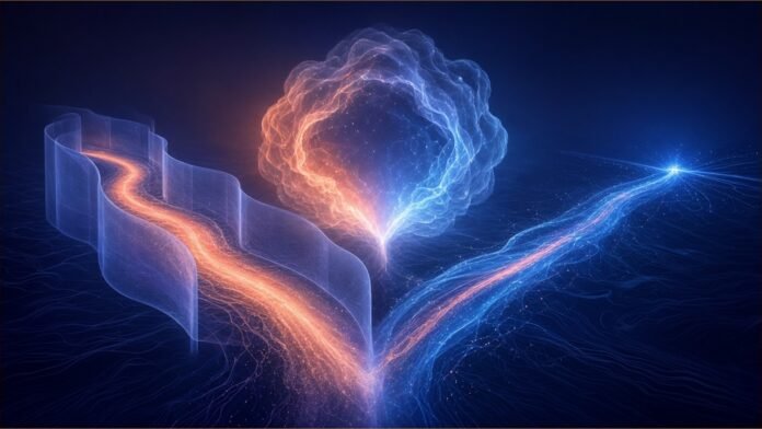 Claude on Google Cloud Adds Anthropic-Run Option | TSN Illustration of two glowing pathways leaving one cloud-shaped gateway, one inside a translucent wall