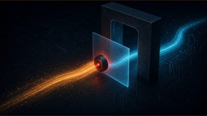 Illustration of a stream of light carrying a red dial being stopped by a translucent barrier at a gateway on a dark circuit board, while a plain blue stream passes through