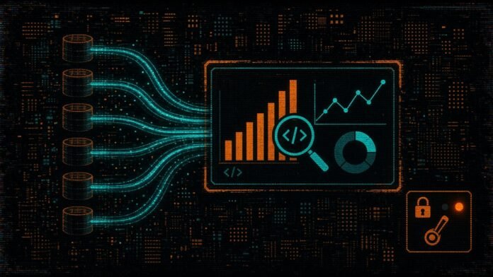 Claude Dashboards Beta Connects to Snowflake, BigQuery and More Symbol-only illustration of five database glyphs feeding a central dashboard glyph, with a magnifier revealing the code behind one bar and an orange locked toggle set to off.