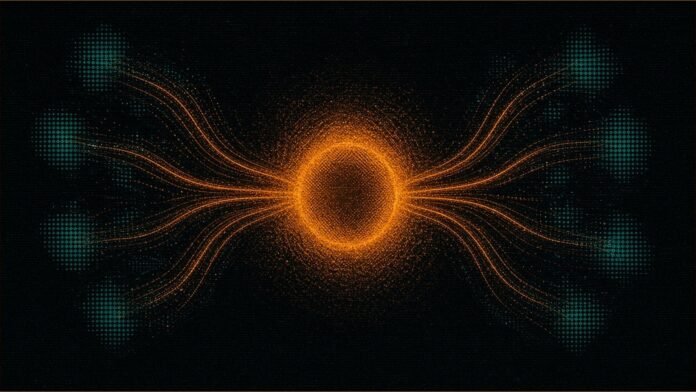 Claude Enterprise Adds Smart Reports on AI Spend | TSN Illustration of amber flow lines running from teal dot clusters into one glowing amber circle.