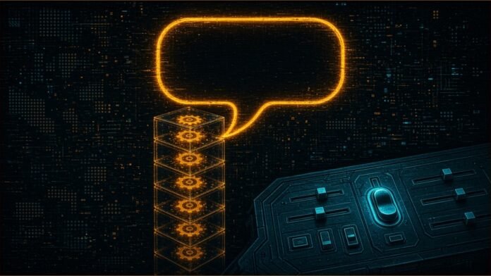 Claude Enterprise Gets Unified Chat and Cowork | TSN Illustration of a glowing speech bubble flowing into a stack of sealed glass cubes with spinning gears beside a control panel of sliders and toggles
