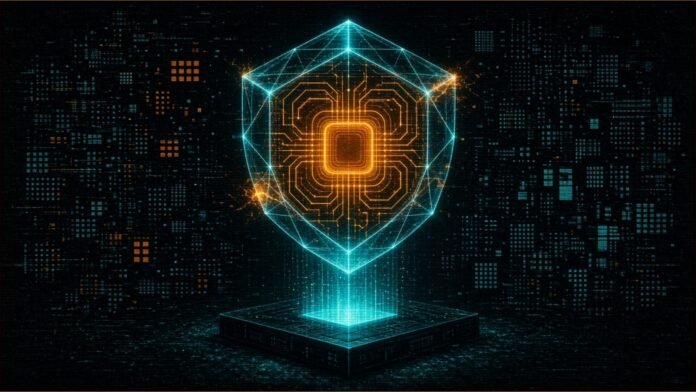 Claude Proves 239 Open-Source Entry Points Crash-Free | TSN Illustration of a glowing amber circuit block sealed inside a cyan geometric shield lattice above a dark processor base