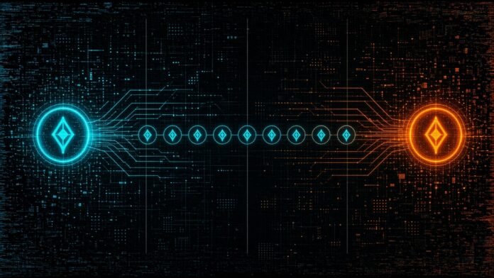 Claude Managed Agents Adds Dynamic Workflows (Beta) Symbol-only illustration of one glowing node splitting into a row of identical nodes and converging again into a single node across three faint vertical phase lines on a dark circuit grid.