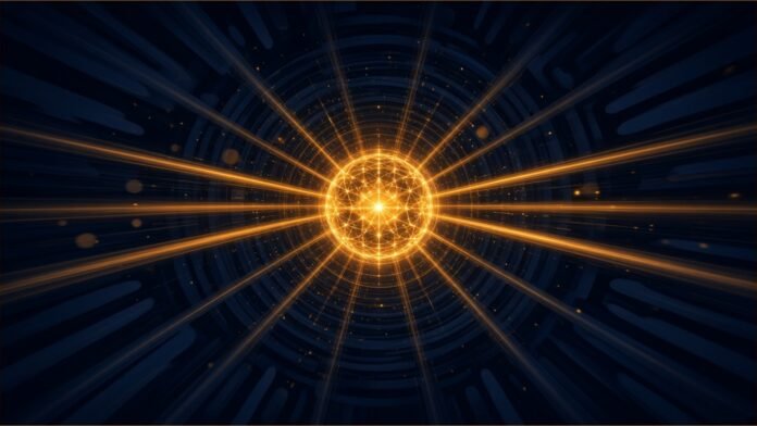 A glowing neural core with amber light streaks racing outward.