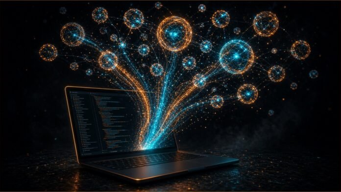 A laptop sending streams of light up into a cloud of glowing session bubbles.