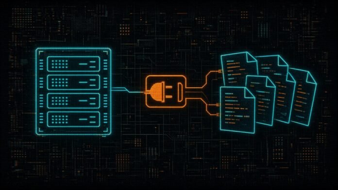 Cloudflare's API MCP Server Now Serves Skills to AI Agents Symbol-only illustration of a server rack joined through a plug-and-socket to a fan of document pages on a dark circuit grid.