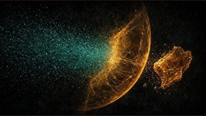 Illustration of a teal particle swarm striking a curved amber shield.