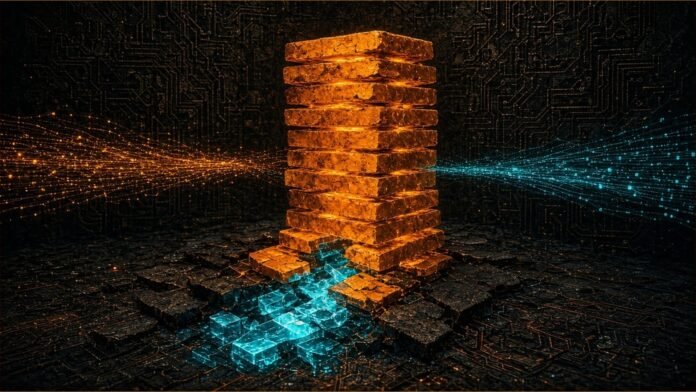 Illustration of a tall stack of glowing amber tiles with cracked lower tiles letting teal fragments seep in, crossed by amber and teal data streams